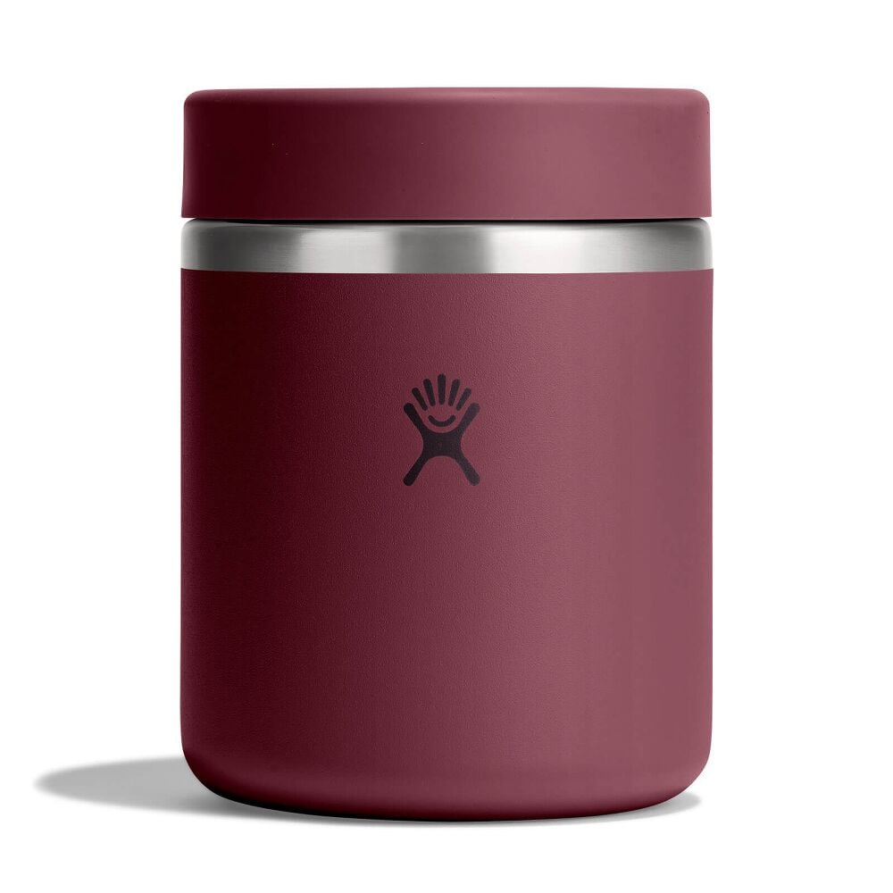 Maroon Hydro Flask cylindrical insulated food container with matching screw-on lid, brushed metal band, matte finish, and Hydro Flask logo on front.