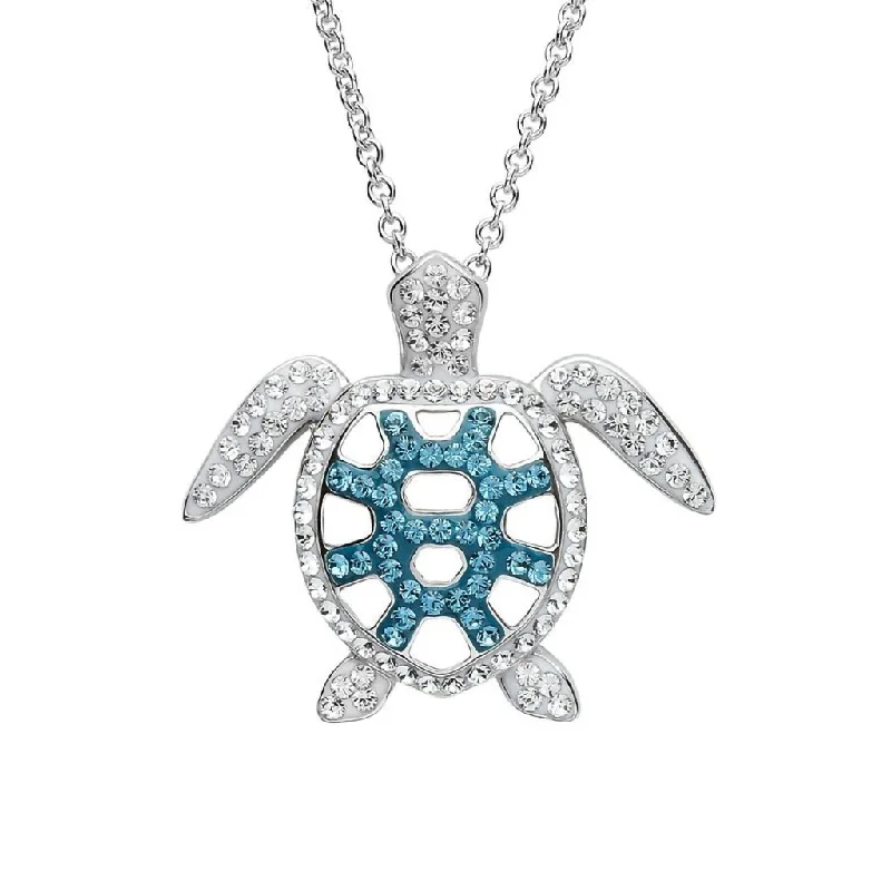 Ocean : Filigree Turtle Pendant With Teal Crystals