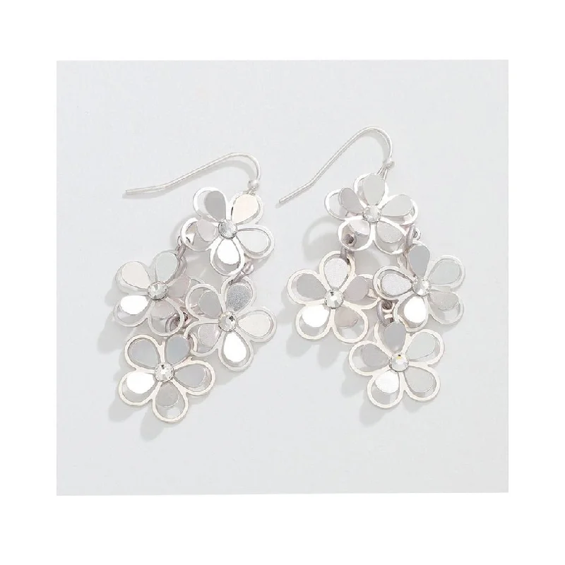 Periwinkle by Barlow :  Matte Silver Flower Cascade with Crystals - Earrings