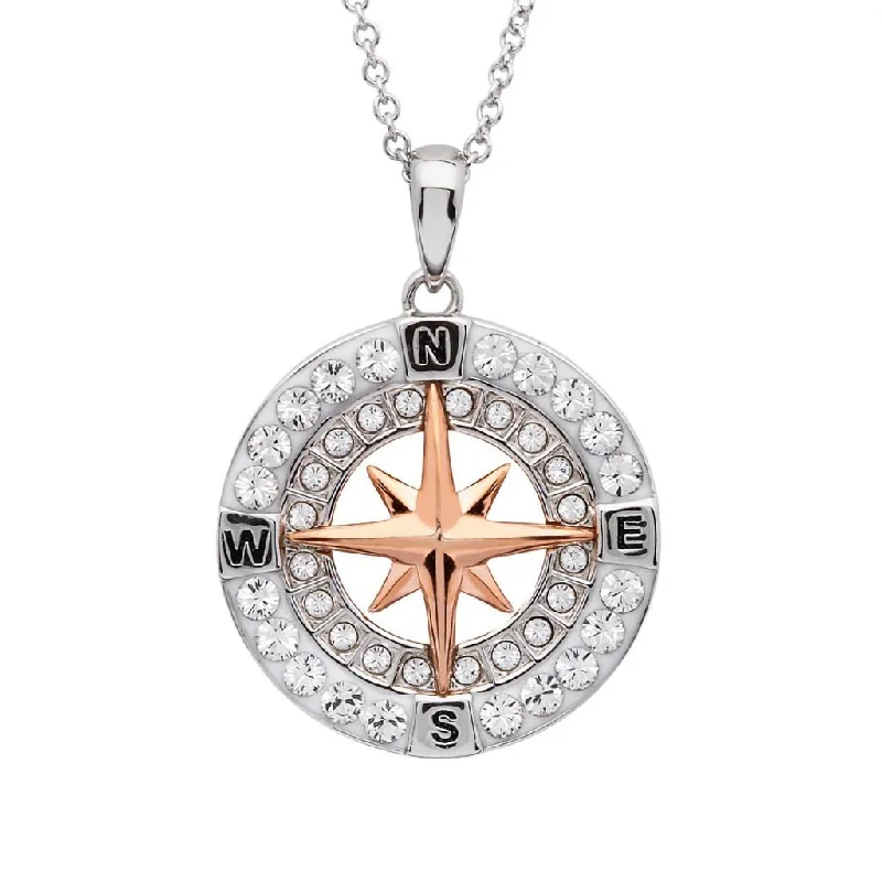 Ocean : Rose Gold Compass Necklace with Aqua Crystals