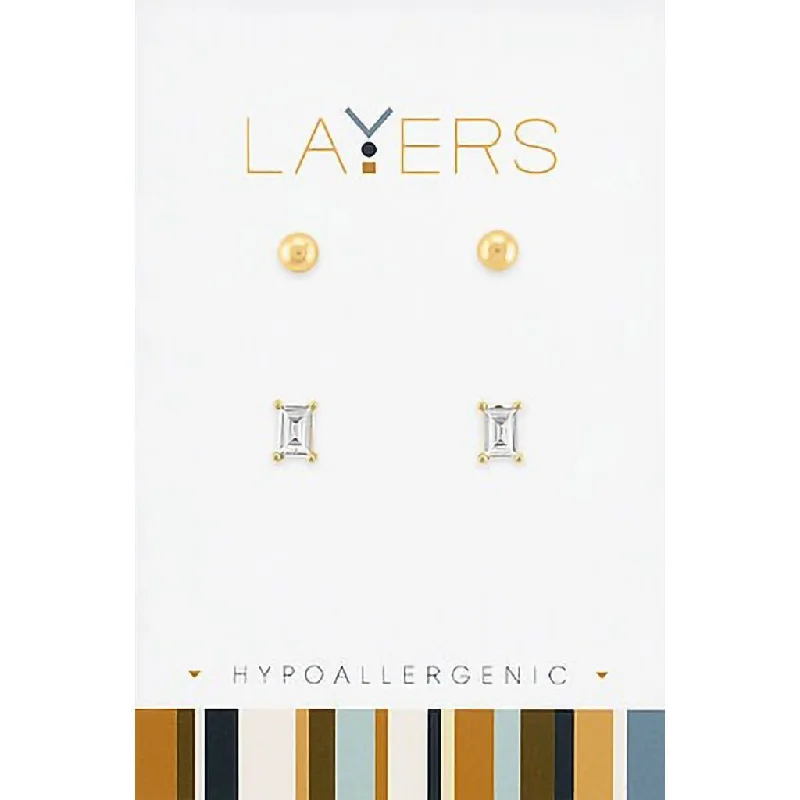 Center Court : Gold Baguette & Ball Duo Layers Earrings