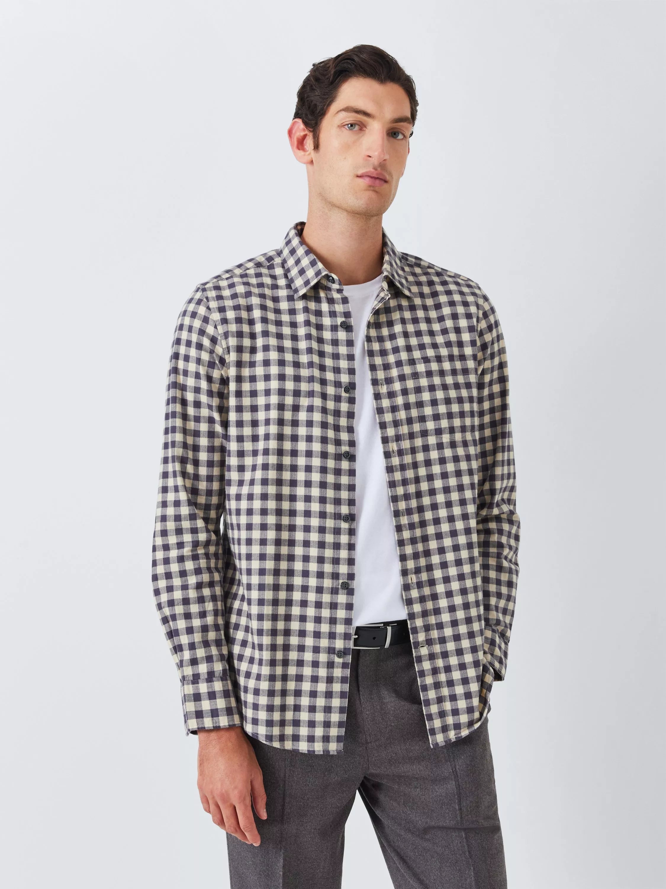 John Lewis Long Sleeve Regular Fit Gingham Cotton Shirt, Charcoal/Egret