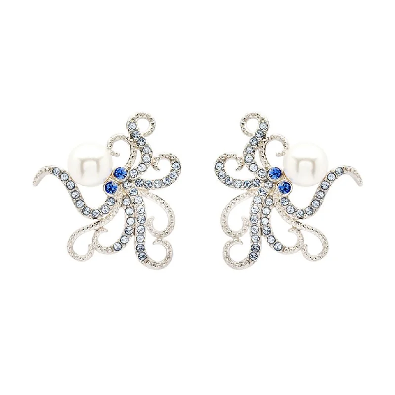 Ocean : Sterling Silver Pearl with Blue Crystal Octopus Earrings