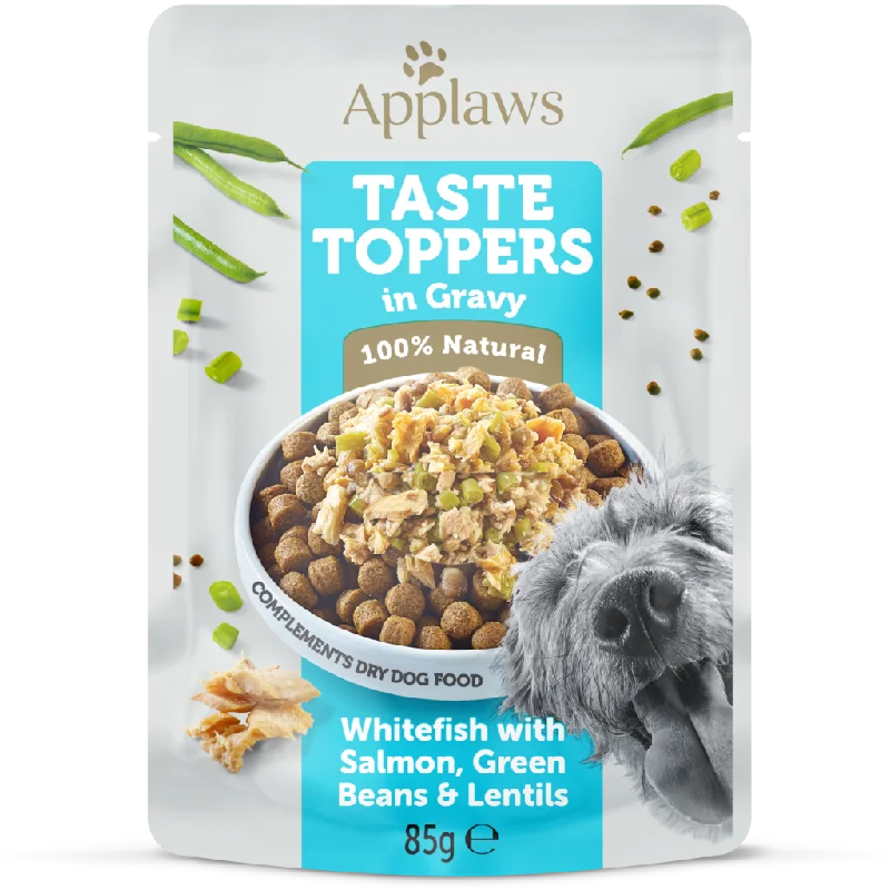 Applaws Tasty Toppers dog Pouch, Whitefish with Salmon, Green Beans & Lentils in Gravy, 85g