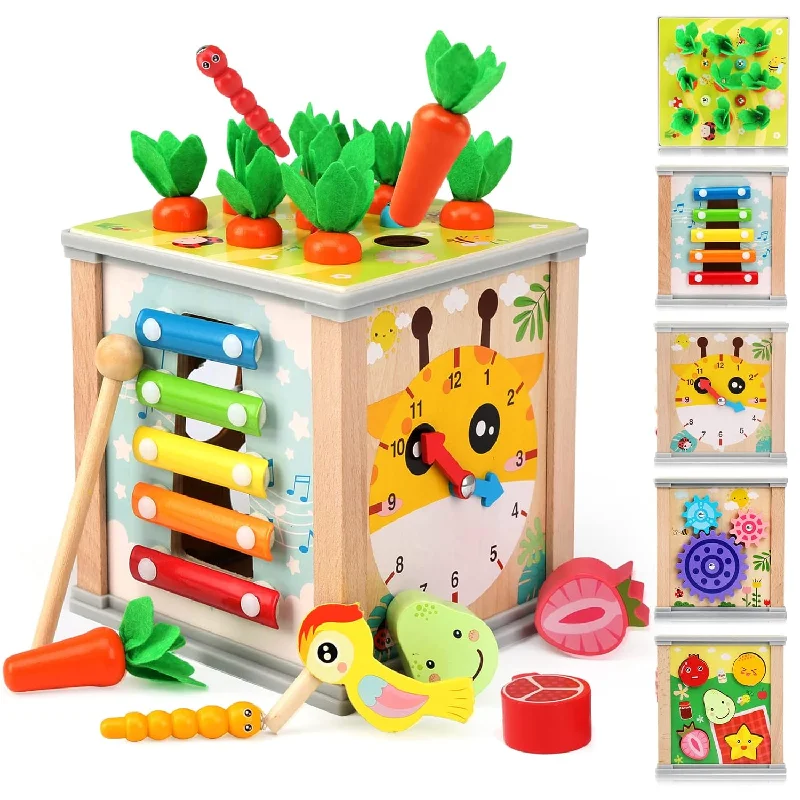 6-in-1 Treasure Chests Wooden Activity Montessori Cube for Toddlers Kids