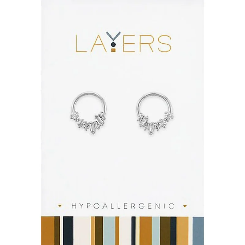 Center Court : Silver Double Circle w/ CZ's Stud Layers Earrings